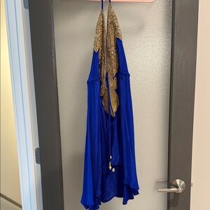 Elegant Blue and Gold beads Halter Dress